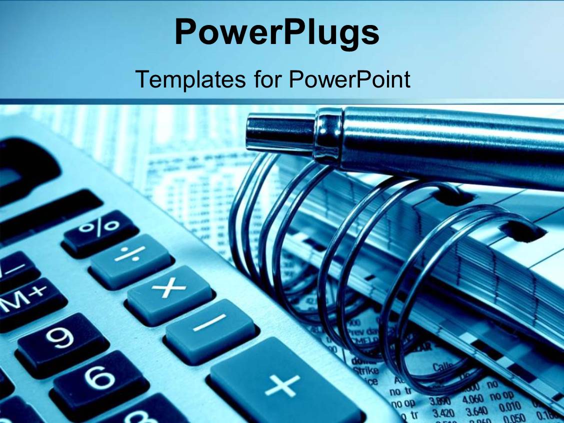 Powerpoint Template Accounting And Calculating With Pens Notebooks And Calculators On A Blue Accounting Powerpoint Templates