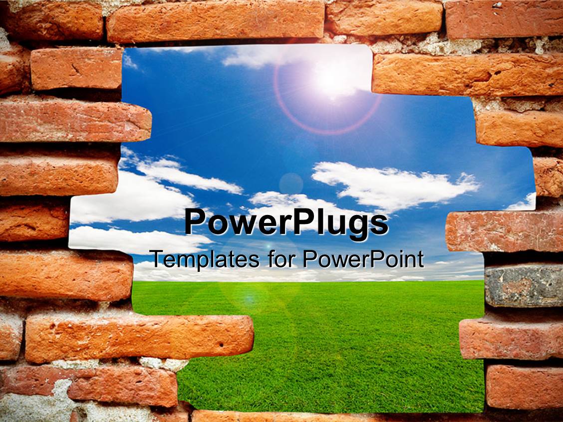 Powerpoint Template Brick Wall With Opening Showing Green Lawn And Blue Sky 4084 Wall Powerpoint Template