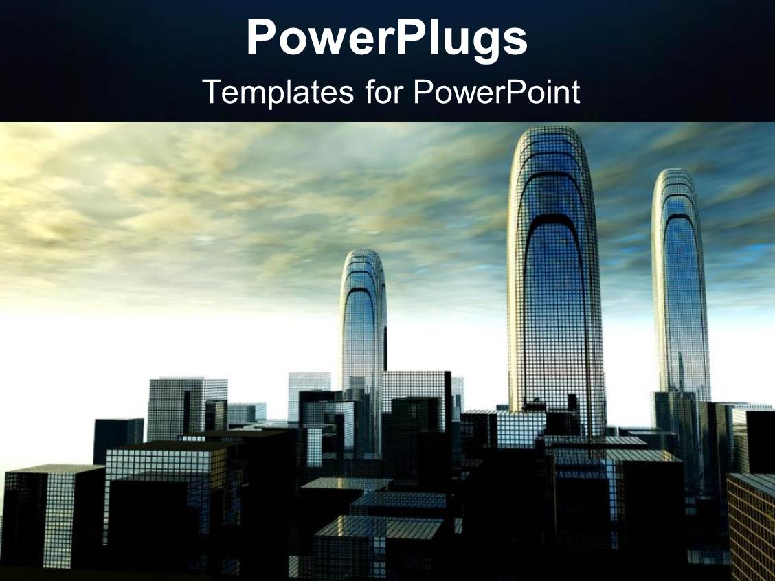 powerpoint template: cloudy sky with depiction of futuristic city powerpoint template: cloudy sky with depiction of futuristic city, Presentation templates
