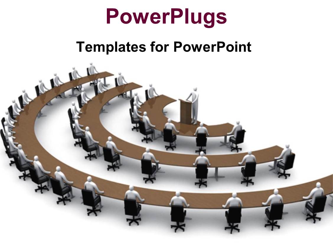 Powerpoint Template Conference Session In Semi Circular Arrangement With Speaker Behind Pulpit Conference Ppt Template