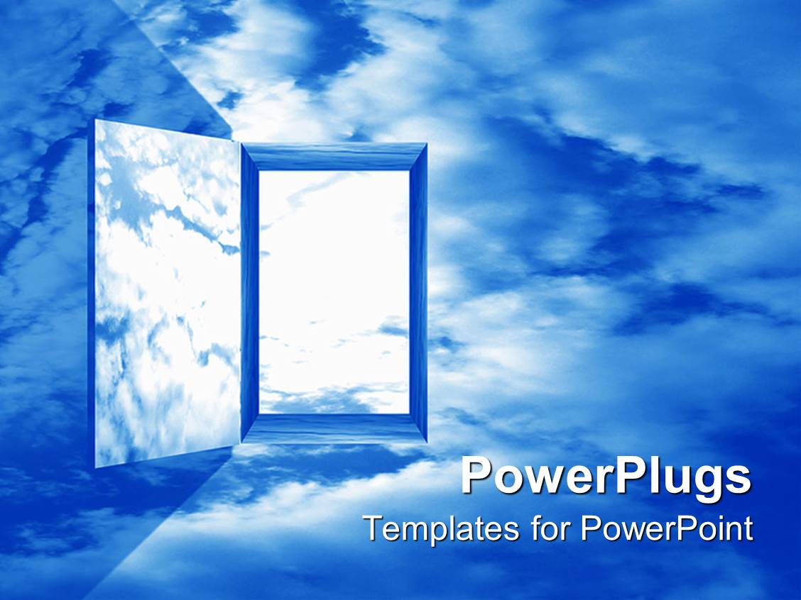 PowerPoint Template Doorway passage to heaven, blue sky, clouds (14418)