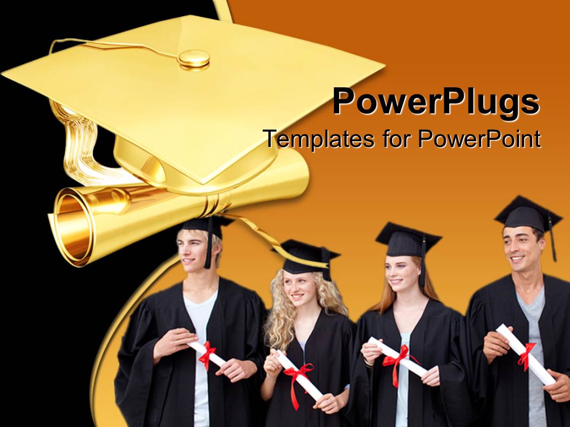 Powerpoint Template Graduation Theme With Four Graduating Students Holding Diploma And Golden Graduation Powerpoint Templates