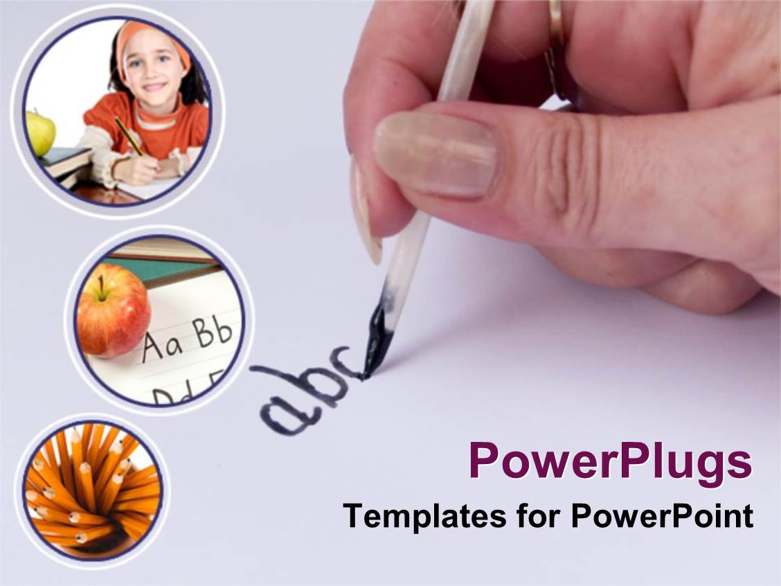 Powerpoint Template Hand With Pen Writing Abc Student Writing Apple With Handwriting Pencils Writing Powerpoint Template