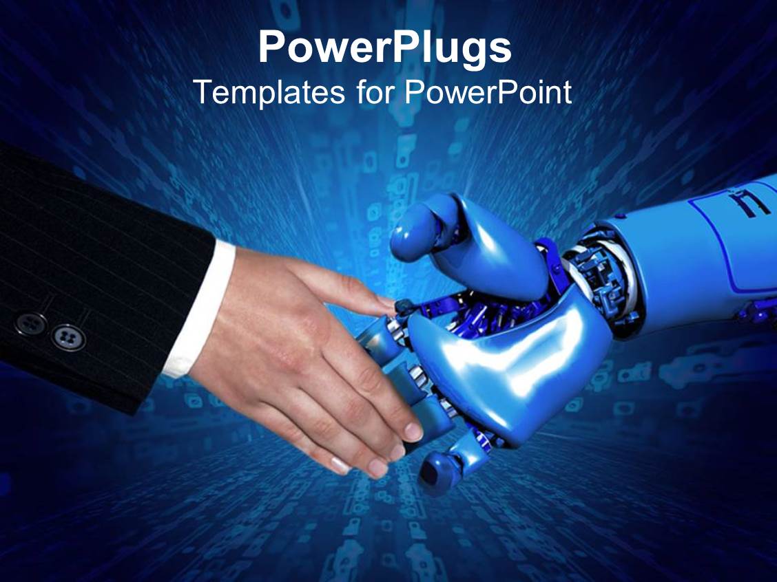 Powerpoint Template Handshake Between Business Man In Black Suit And Robotic Arm With Blue Robot Powerpoint Template