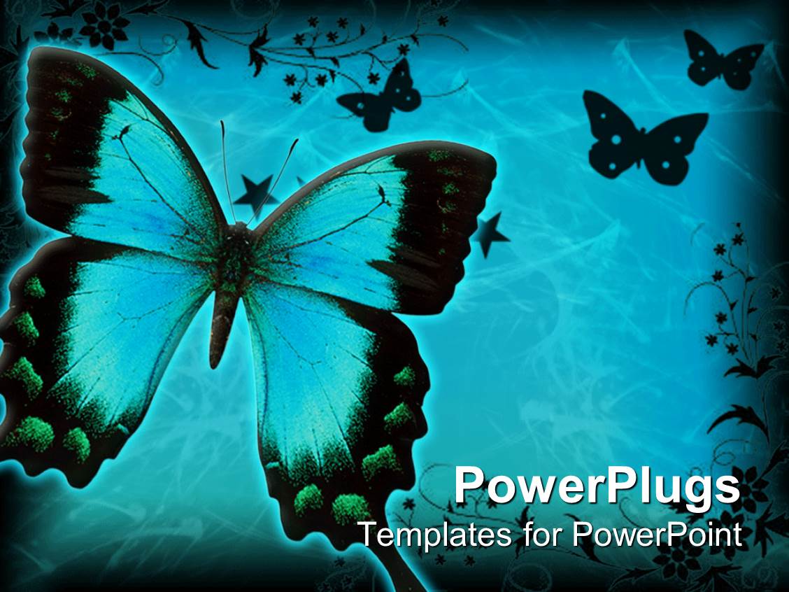 Powerpoint Template Lots Of Butterflies With Floral Designs On A Blue Background 6294 Butterfly Powerpoint Template