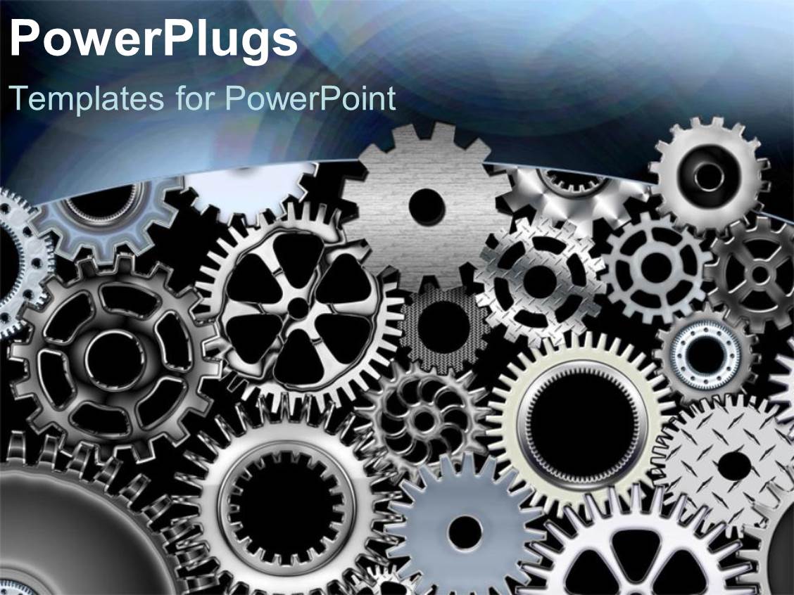 Powerpoint Template Metal Gears And Wheels Turning Machines As A Metaphor On A Grey Background Powerpoint Templates For Machines