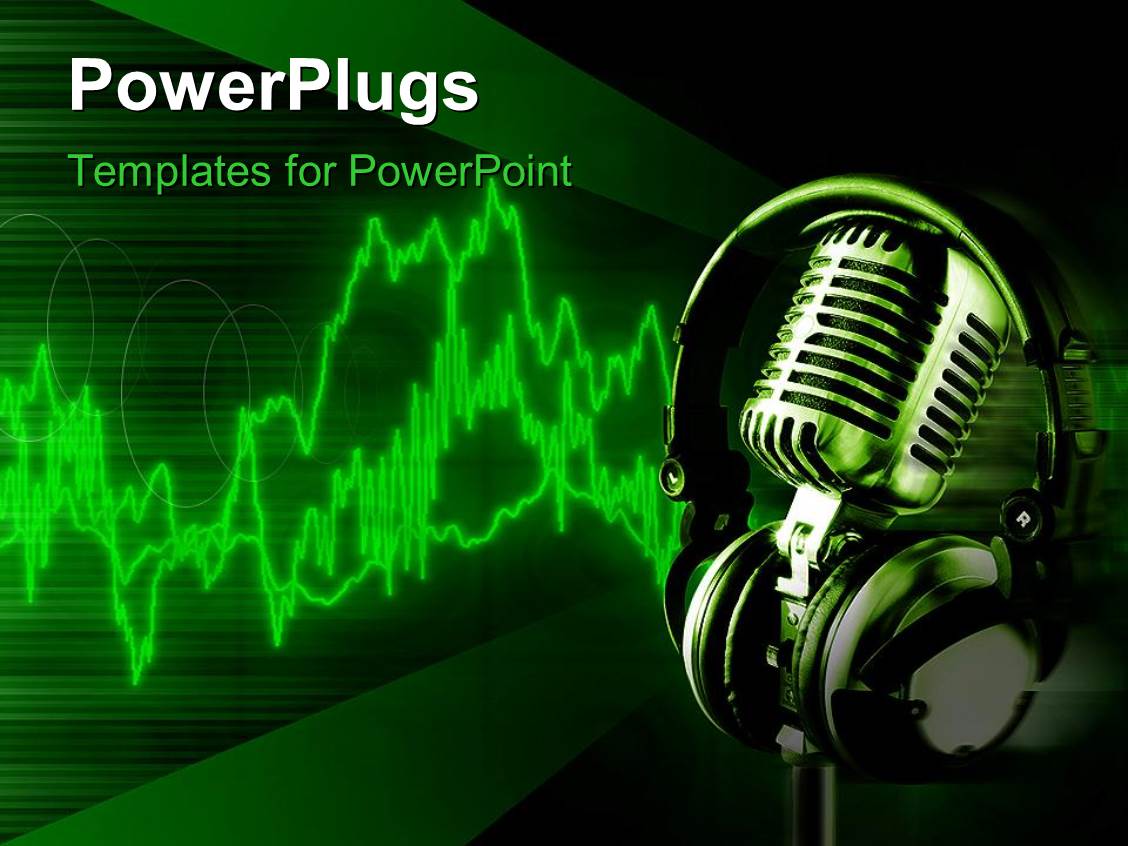 PowerPoint Template Microphone with a big headphone over it on a green
