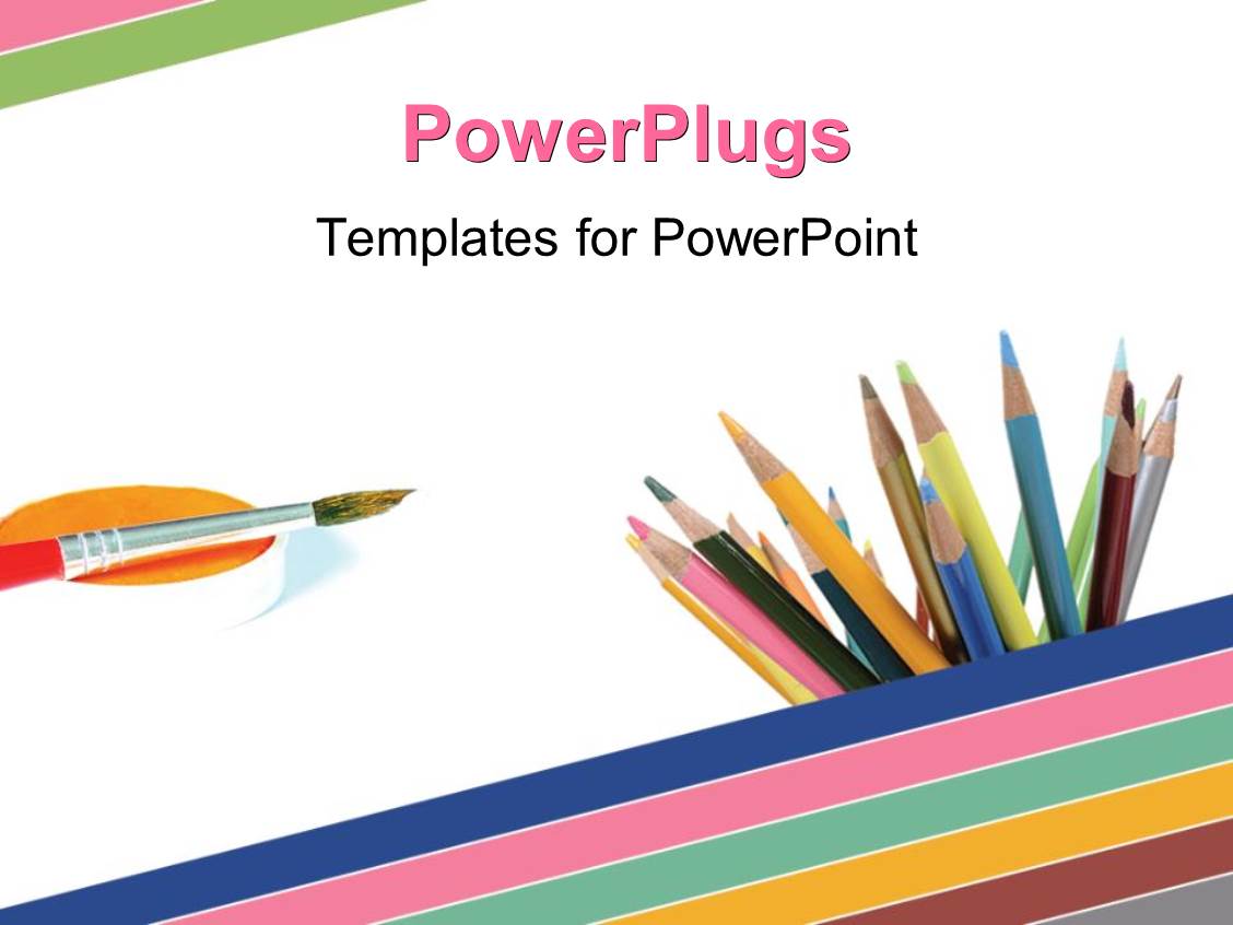 PowerPoint Template a paint brush and lots of color pencils on a white