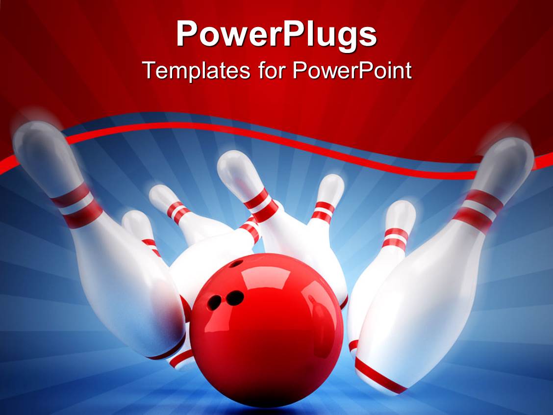 PowerPoint Template Red bowling ball crashing into white bowling pins