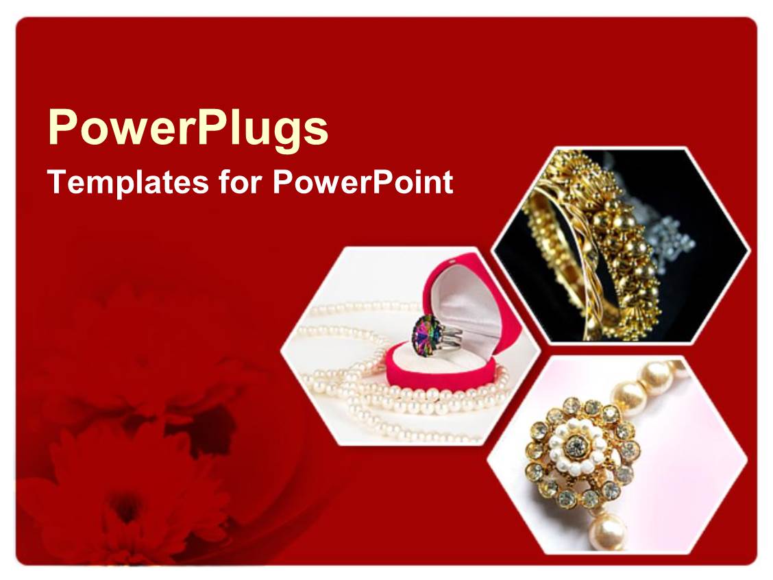 PowerPoint Template Ruby ring, pearl necklace, jewelry, red floral background (17829)