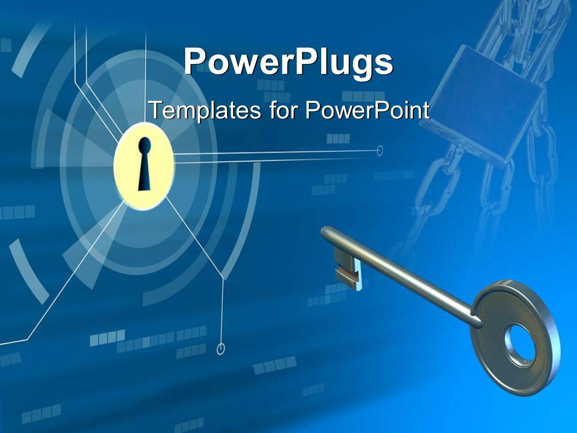 PowerPoint Template silver key for lock on a blue background as a