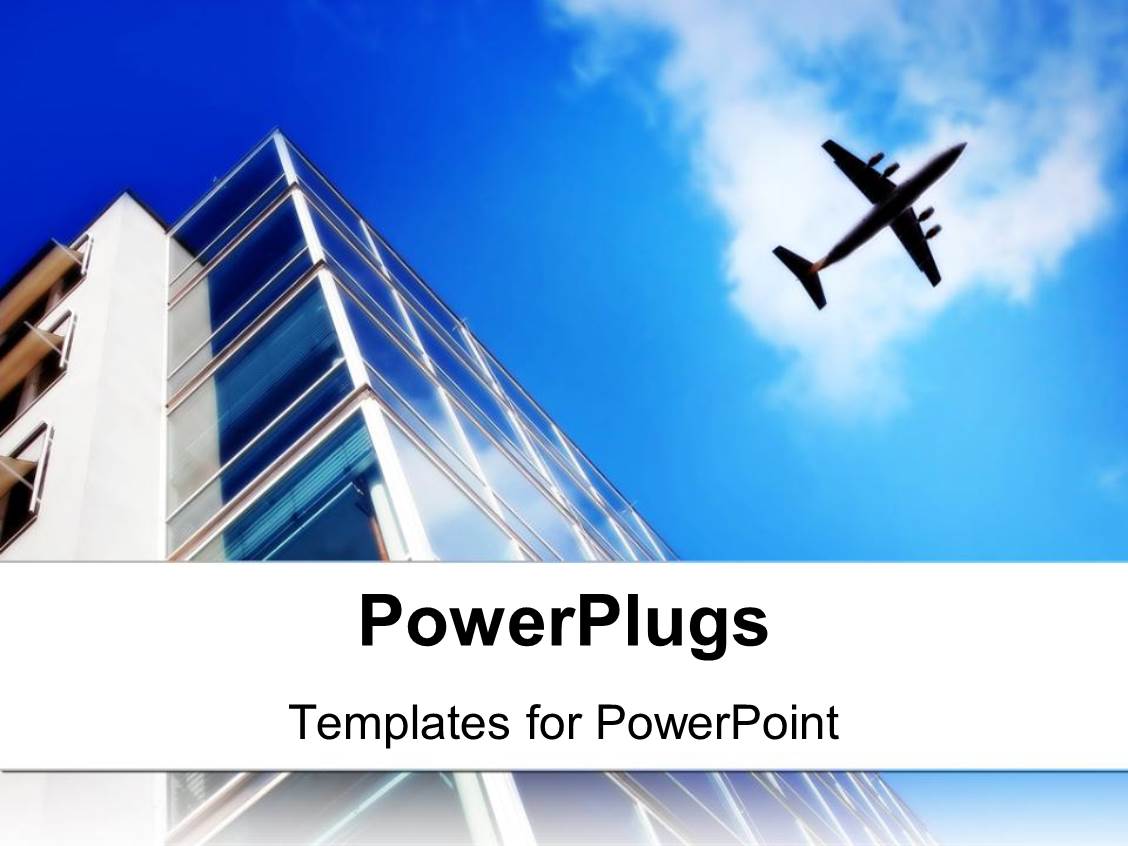 Powerpoint Template Skyscraper With Large Windows And Flying Plane On The Light Blue Sky 1376 Airplane Powerpoint Template