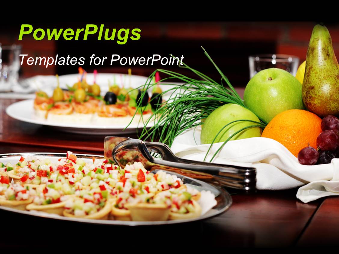 Powerpoint Template Tartlets Salads And Fruit Basket With Apple Orange Pear Grapes And Juice Food Powerpoint Templates