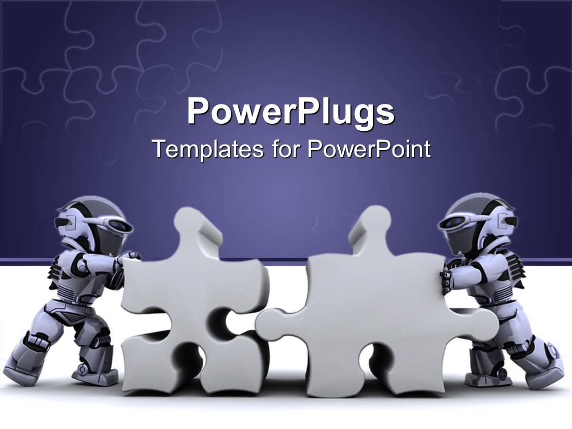 powerpoint template: two robots holding jigsaw puzzle pieces on powerpoint template: two robots holding jigsaw puzzle pieces on, Powerpoint templates